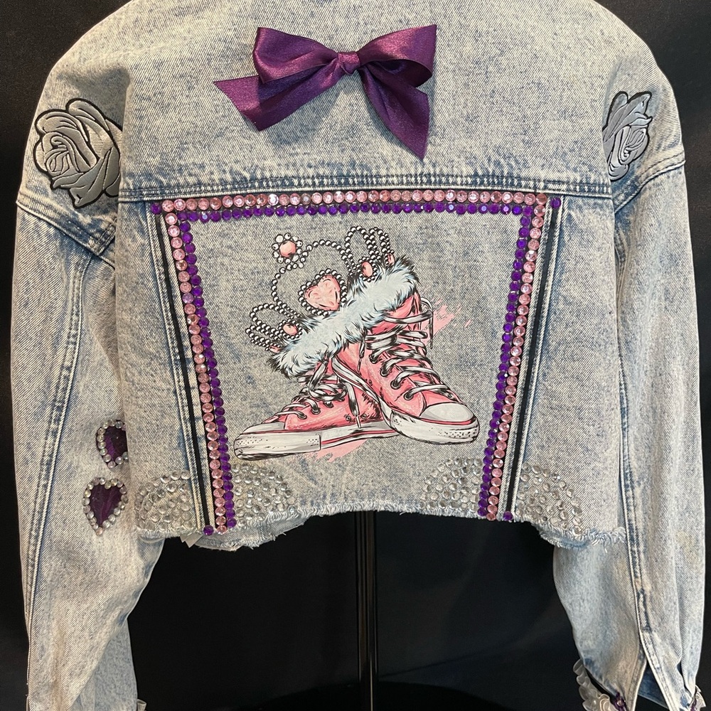 Denim Jacket Cropped Upcycled, Custom Designed Women's Size Medium